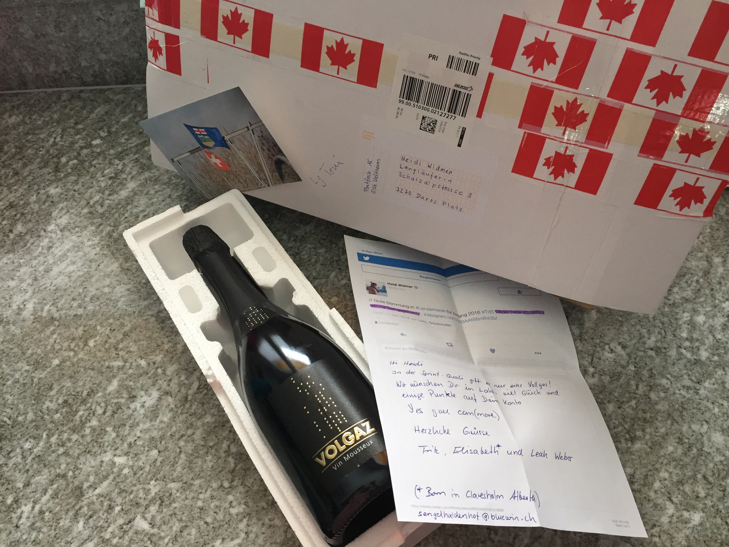  One of the most random and kindest fan mail - ever! From the Weber Family, a bottle of 'Volgaz', some sparkling wine to get my sparkle back and share a Swiss-Canadian connection. Thank you so much! 