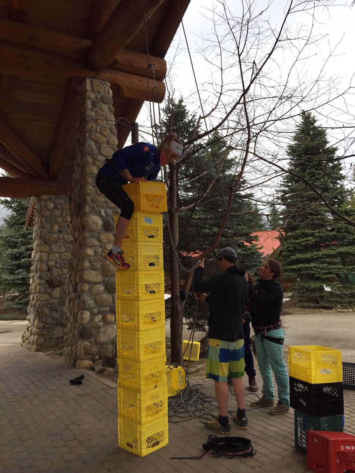  A 'no-fly' day at Mike Wiegele's Heli Skiing in Blue River made for some make shift activities. Milke crate climbing is a new hobby sport, current PB is 18.&nbsp; 