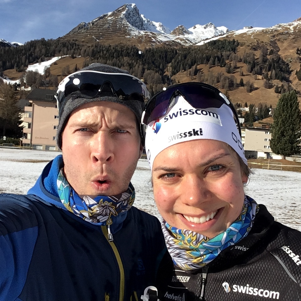  Keith and I skiing some Boxing Day laps in Davos - note the new Original Design Buff I created! 