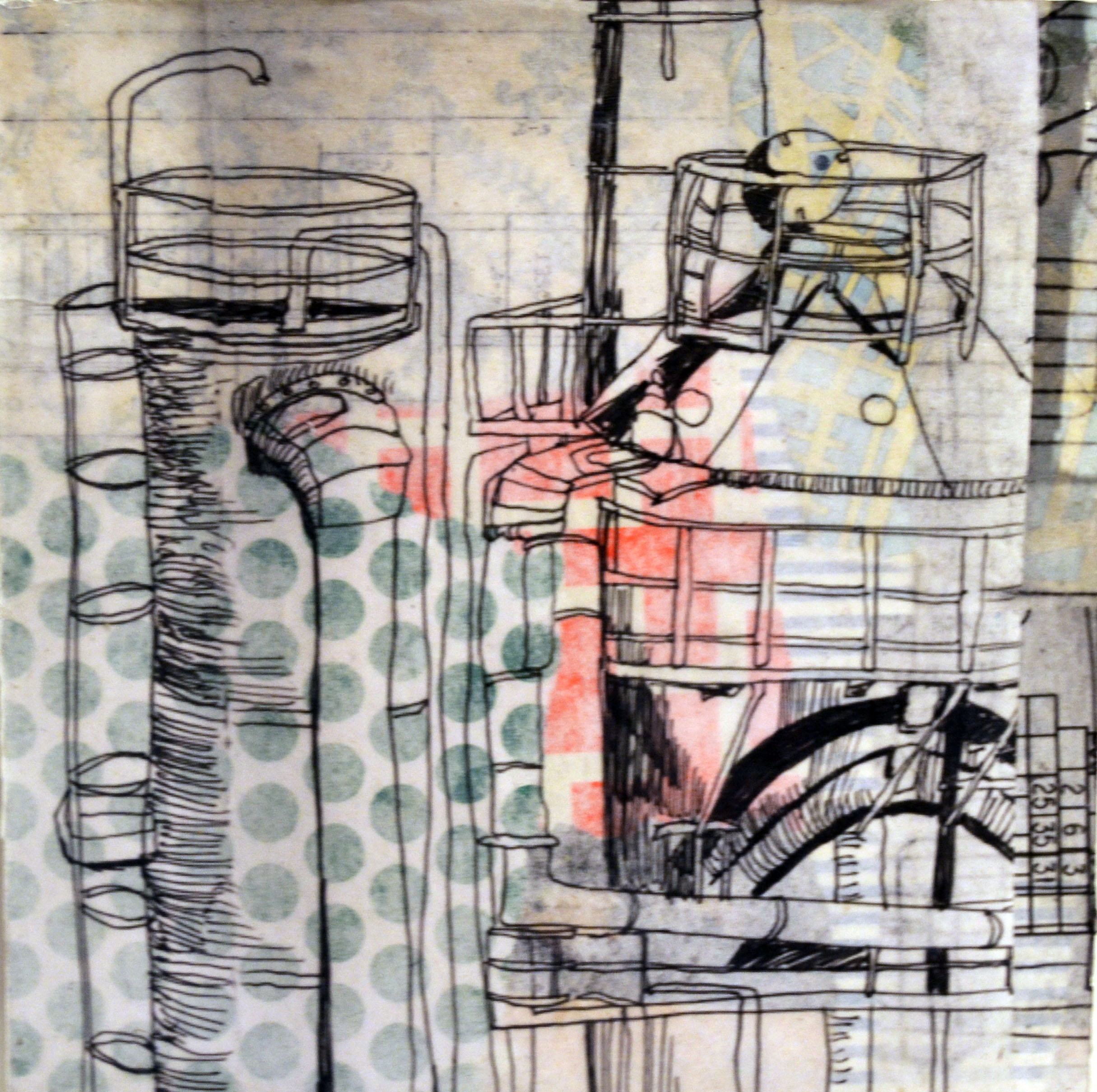 Gasworks, collage and gel transfers of drawings on panel, 2014