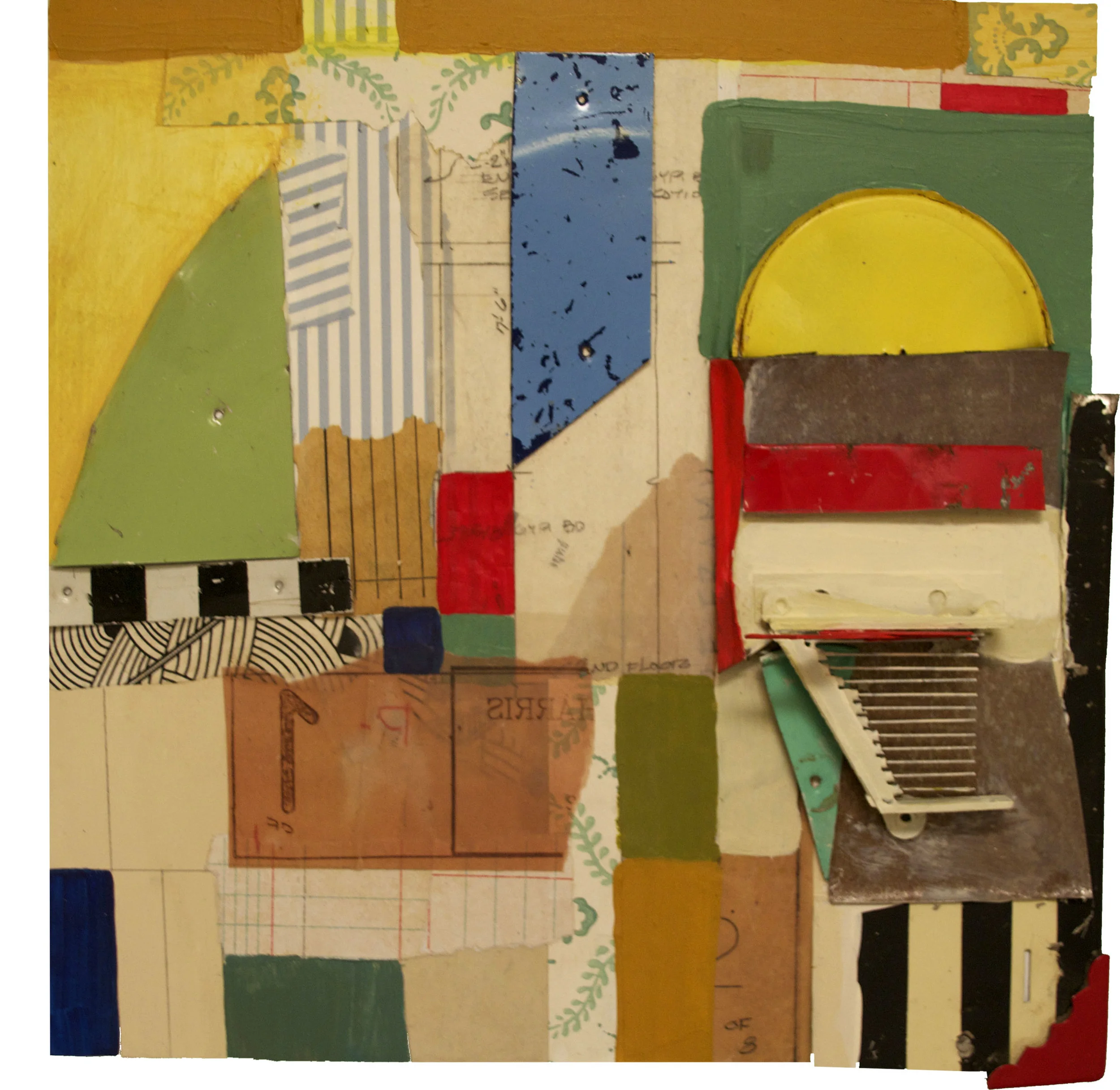 Tin Dwellings, collage, acrylic, vinyl and tin on panel, 2014