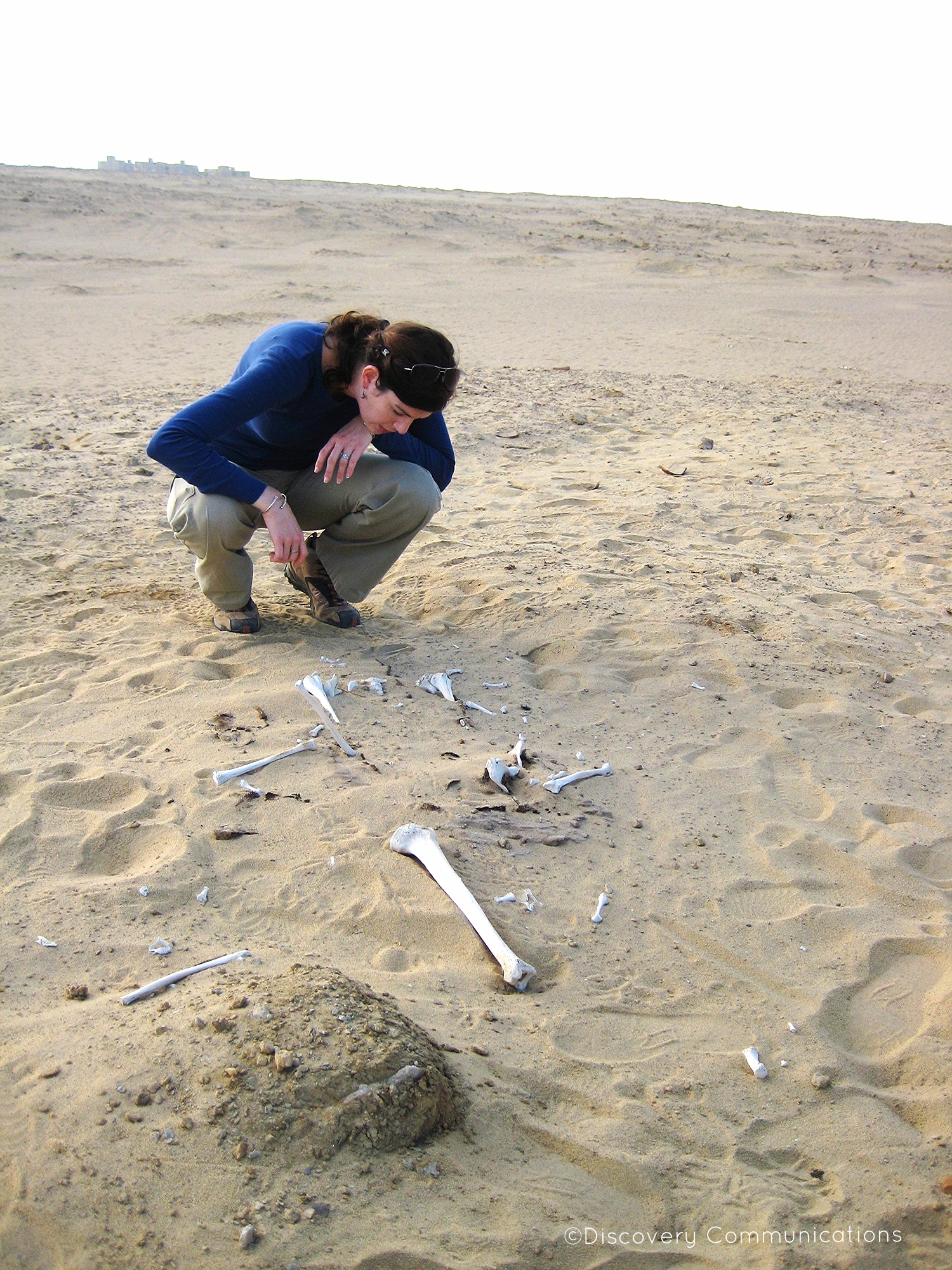  Examining human remains on site while filming "Out of Egypt." 