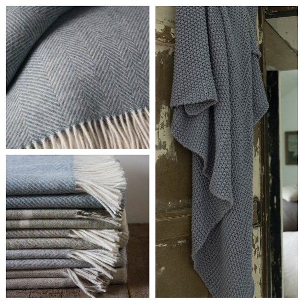 Clockwise from top Merino Wool Throw in Herringbone Aqua £85, Moss Stitch Throw in Charcoal £65, Merino Wool Throws £85