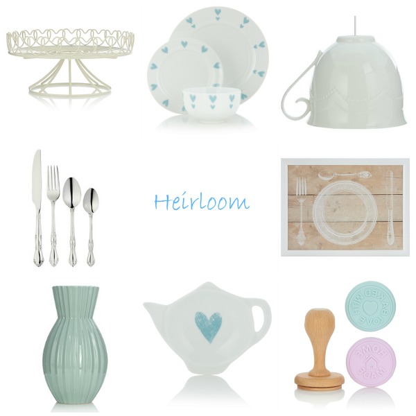 From top left clockwise: Hearts Cake Stand; Hearts Dinner Set - 12 Piece; White Teacup Lampshade; Vintage Lap Tray; Baking Stamps Set; Hearts Tea Bag Rest; Ribbed Ceramic Vase; Duchess Cutlery Set 16 Piece.