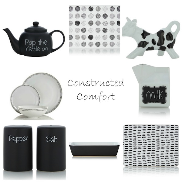From top left clockwise: Chalked Teapot; Monochrome Wipe Clean Placemat; Printed Cow Milk Jug; Chalked Milk Carton; Mark Making Placemat - Set of 4; Roaster 36cm Charcoal; Chalked Salt & Pepper Shakers; Monochrome 12 Piece Dinner Set.