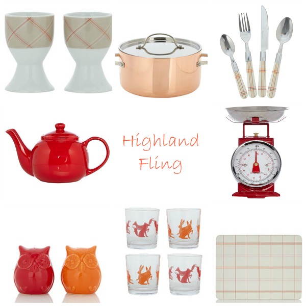 From top left clockwise: Check Egg Cups - Set of 2; Copper Tri Ply Stockpot; 16 Piece Check Cutlery Set; Traditional Kitchen Scale Red; Check Placemat - Set of 4; Fox and Hare Mixers - 4 Pack; Owl Salt and Pepper Shakers; Red Teapot.