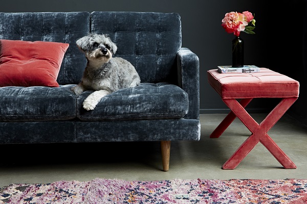 Abigail 3 seat sofa in Hudson, Roosevelt Velvet £1,810, Maud rectangular footstool in Dusty Rose Velvet, £255 