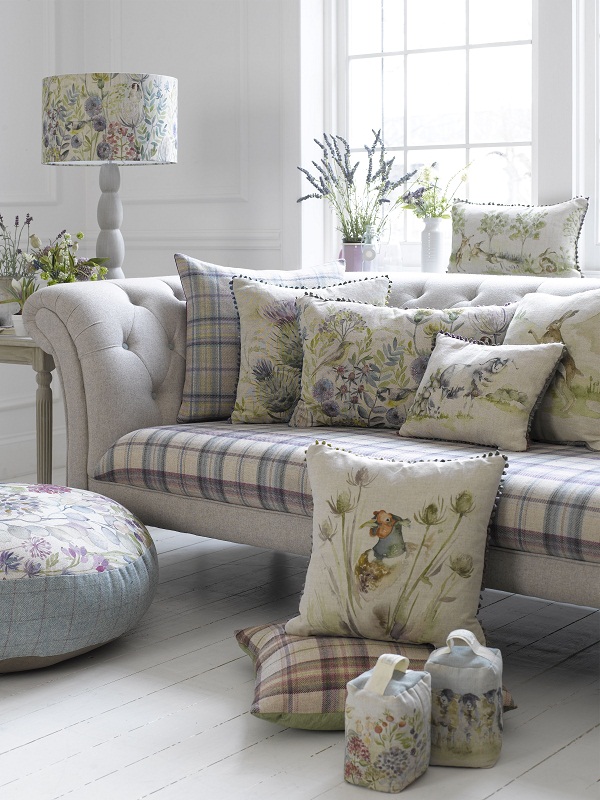 Mayberry Lampshade, price from £77.50 on William Small Lampbase, £125, Voyage Country Cushions, from £27.50, Mayberry Floor Cushion in medium, £132.50 and, Hedgerow and Come By Doorstops, £34 each.