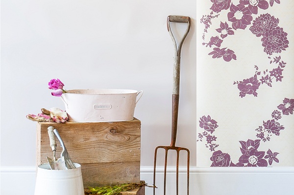 Geometric Flower Wallpaper, Cream & Plum Purple