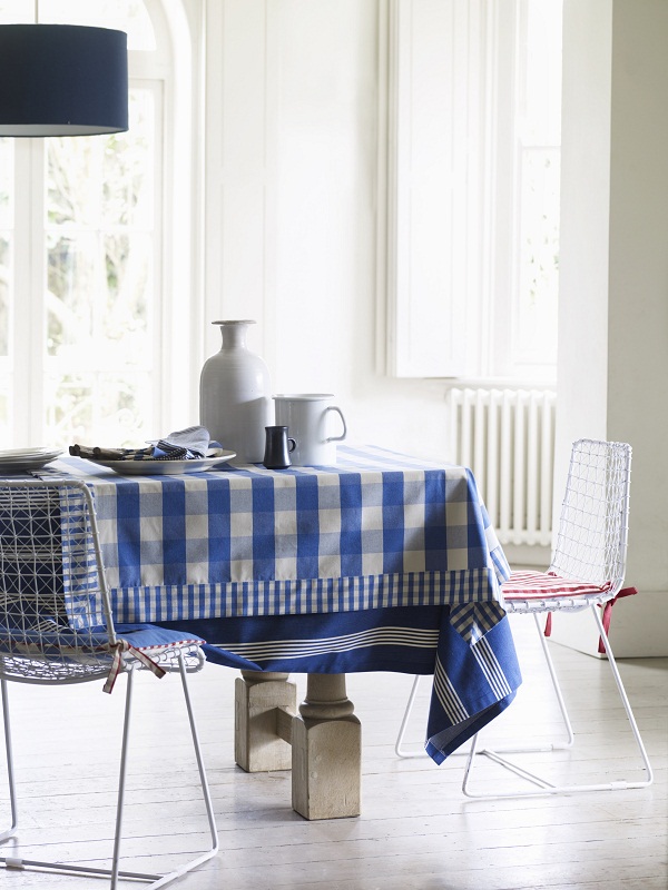 Table with Avon Check Indigo and Oxford Stripe Navy tablecloths
