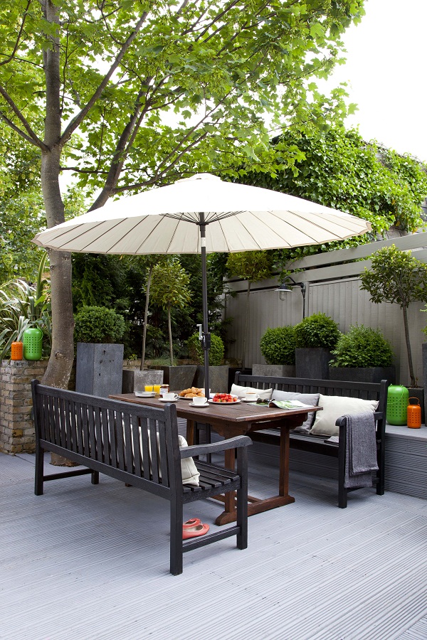 Decking: Cuprinol Anti Slip Decking Stain (RRP £24.09 for 2.5L) in Silver Birch. Benches: Cuprinol Garden Shades (RRP £24.99 for 2.5L) in Black Ash. Table: Cuprinol Garden Furniture Stain(RRP £12.69 for 750ML) in Mahogany.