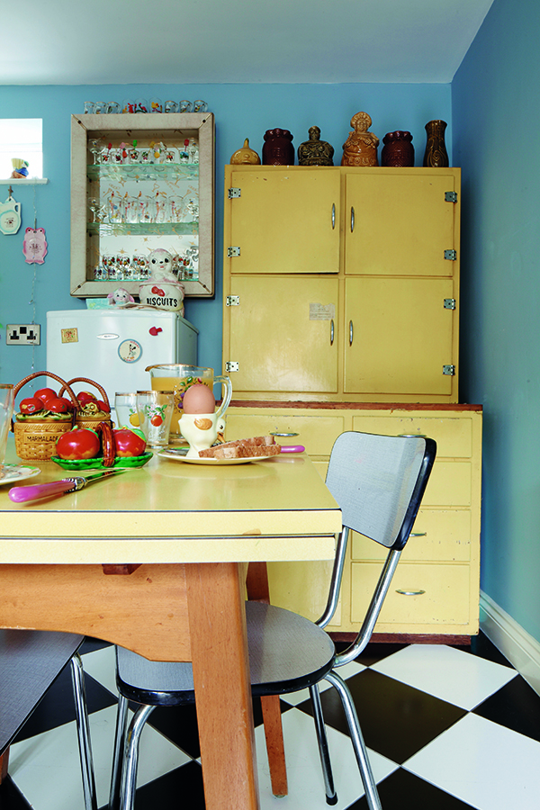 A vintage unit, such as the double-height one shown here, can be stripped, refurbished and painted to match other furniture, such as the melamine-topped table, giving a cohesive and coordinated look.