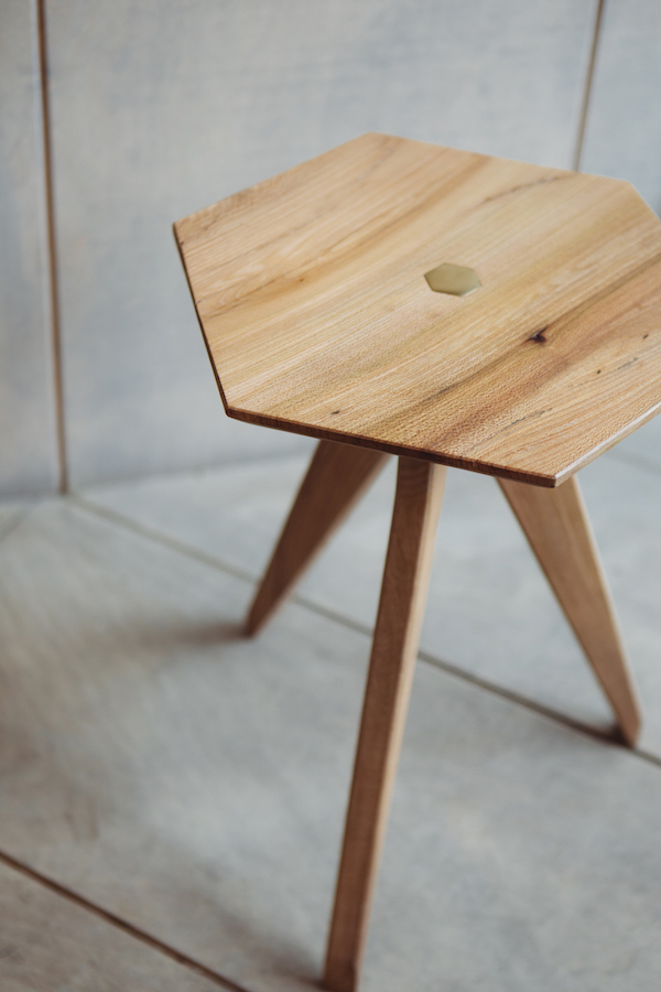 TipToe stool, HexTop, TedWood, English Elm, & Brass