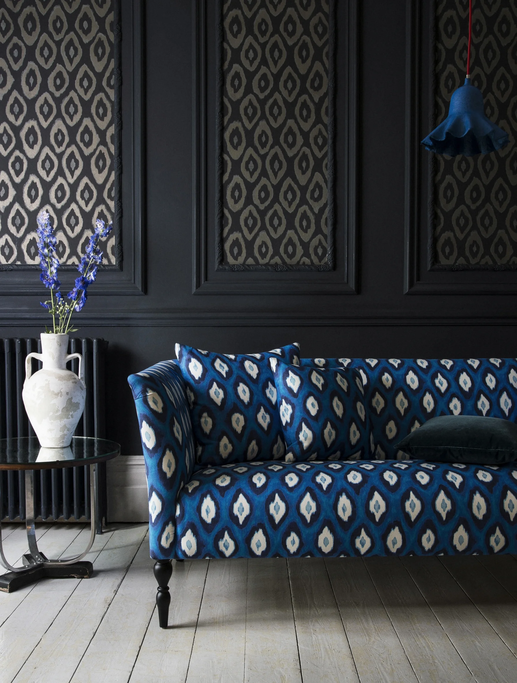 Avalon two seat sofa in Electric Ikat Cobalt £1,090, large cushion £80, small cushion £70