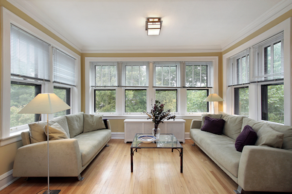 Family room with wall of windows