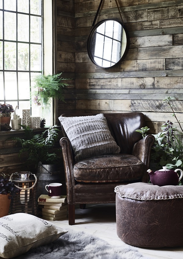 Marston Hanging Mirror £45, Katie Alice Highland Fling Stoneware Teapot With Knitted Cosy £25, Mug with Knitted Jacket £10, Large Faux Leather Stool £35.