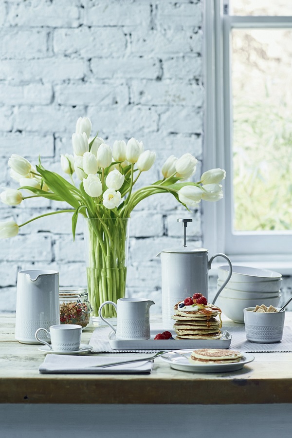 Denby Natural Canvas Range Medium jug, Teacup, Small jug , Cafetiere, Dinner plate, Cereal bowl, Small rectangular plate, Open sugar bowl. All Debenhams.