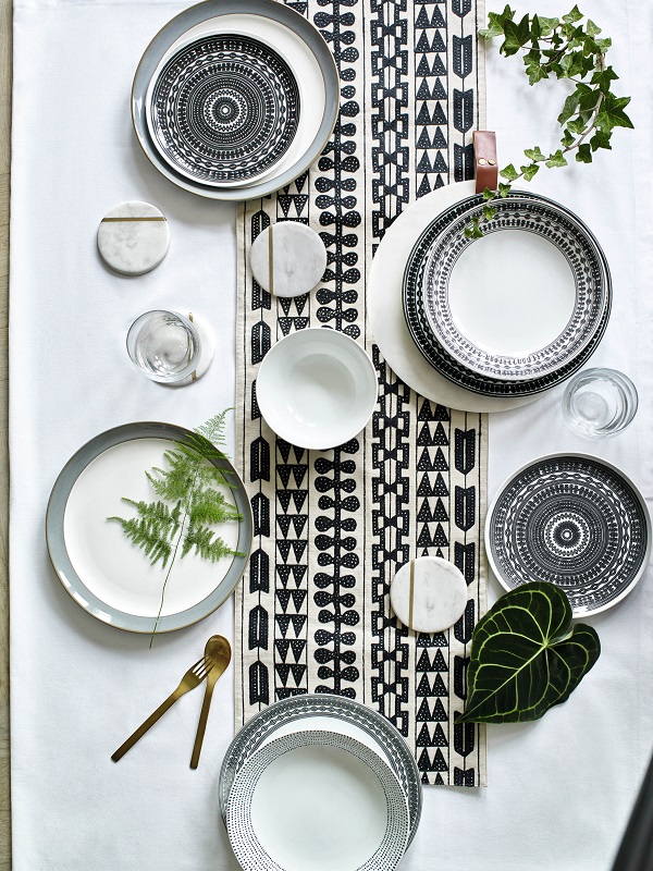 12 piece Lombard dinner set £49.50, Embroidered Work Runner £29.50. All from Marks and Spencer.
