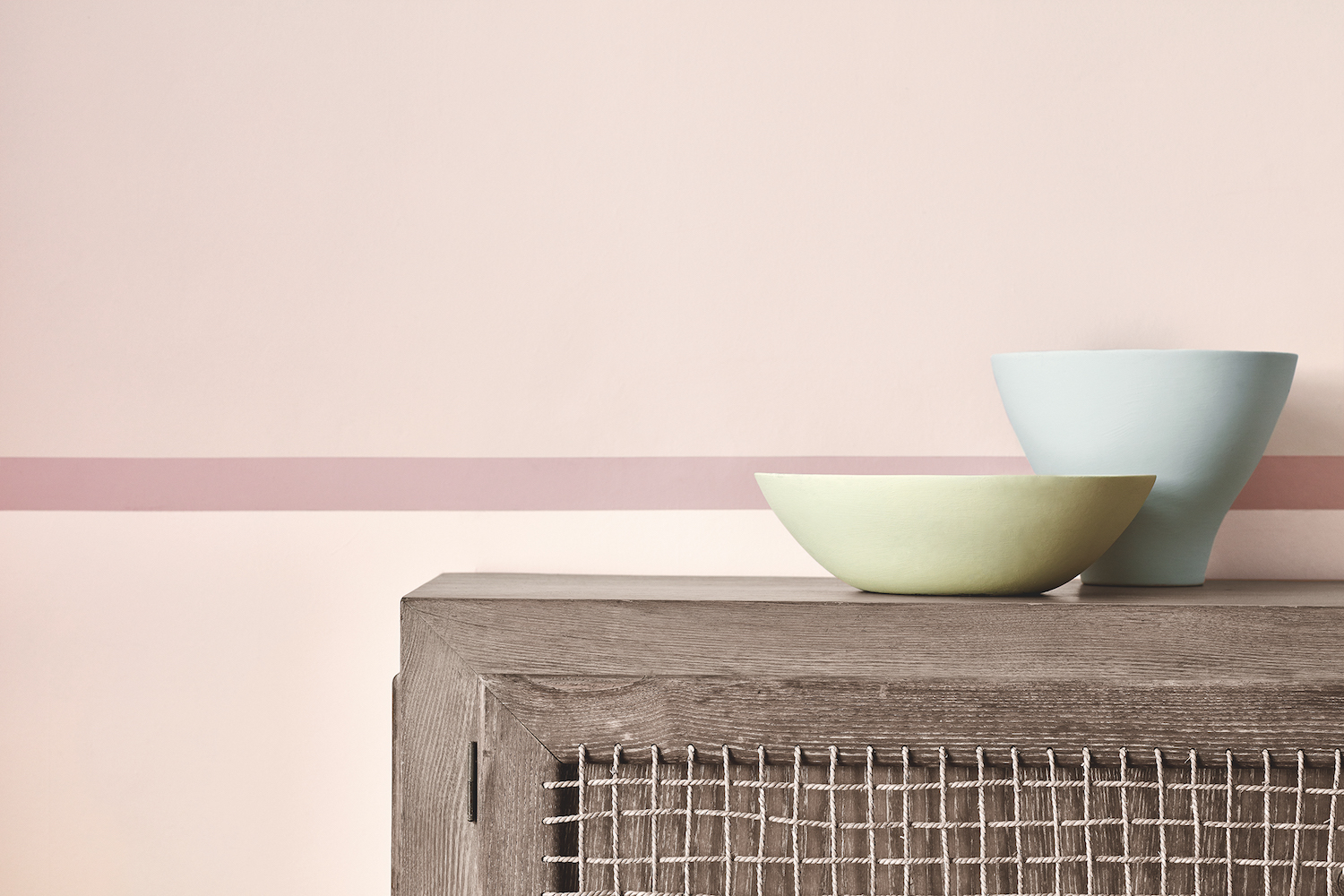 Wall: Dorchester Pink- Pale 285, Detail Outer Stripe and Skirting: Dorchester Pink 213, Large Inner Stripe and Left Wall: Dorchester Pink - Deep 287, Left Bowl: Acorn 87, Right Bowl: Drizzle 217