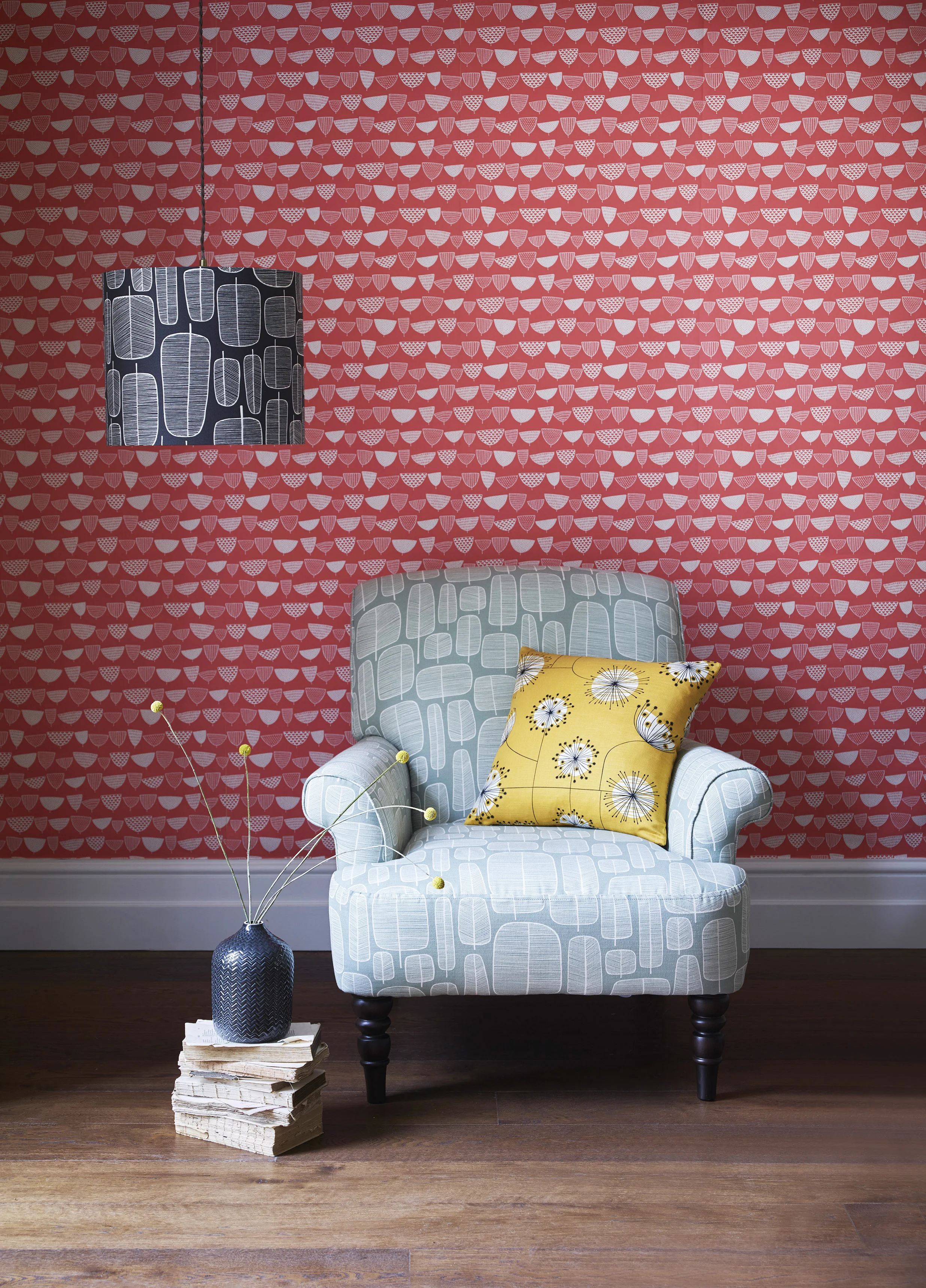 Greenwich Chair in Little Trees English Grey £859, 17” Scatter in Dandelion Mobile Sunflower Yellow and White £49.