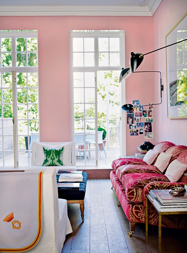Pale pink linen walls in Christine d’Ornano’s London home are subtle but hugely warming. Some colours will change character according to how they are used. A gloss grey will be colder than a chalky paint, while blue can bear to be shiny as well as matt.