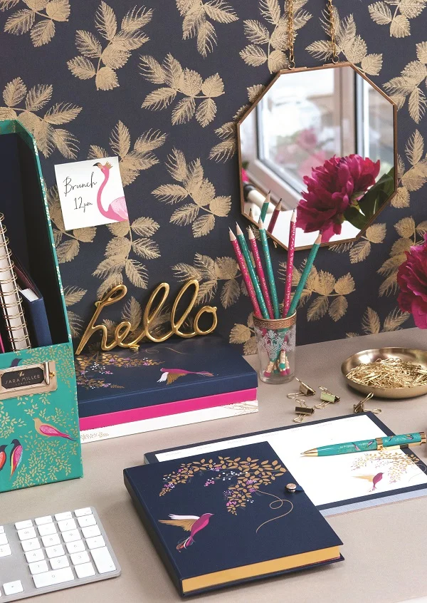 Green bird magazine rack, £16, Document wallets (set of 2), £11, Green bird notebook A4 £15, Flamingo sticky notes set, £9, Pencil set, £12, Luxury hummingbird A5 notebook, £18, Hummingbird weekly to do pad, £8, Green bird pen, £14.