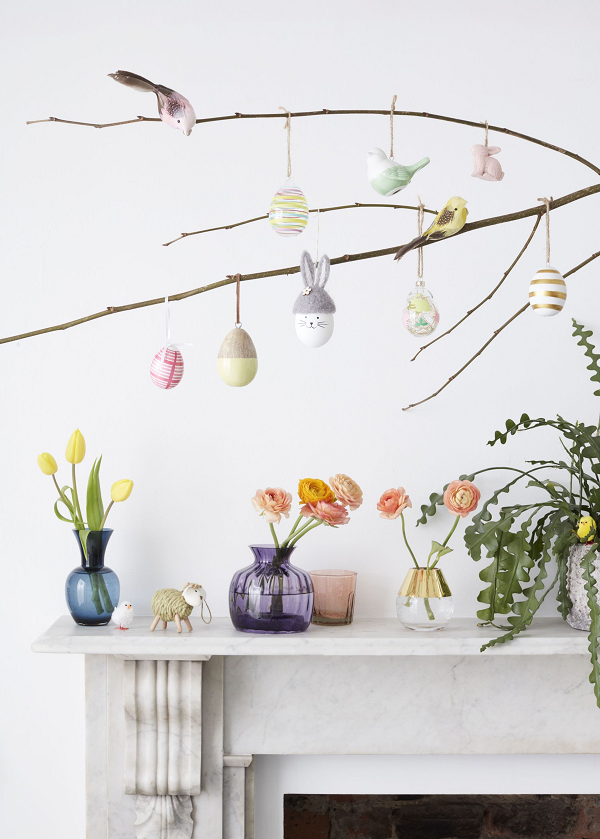 Mango Wood Hanging Eggs, £18, Glitter Hanging Rabbit Pack of 2, £4, Coloured Foam Bird Assortment, £5. All John Lewis.