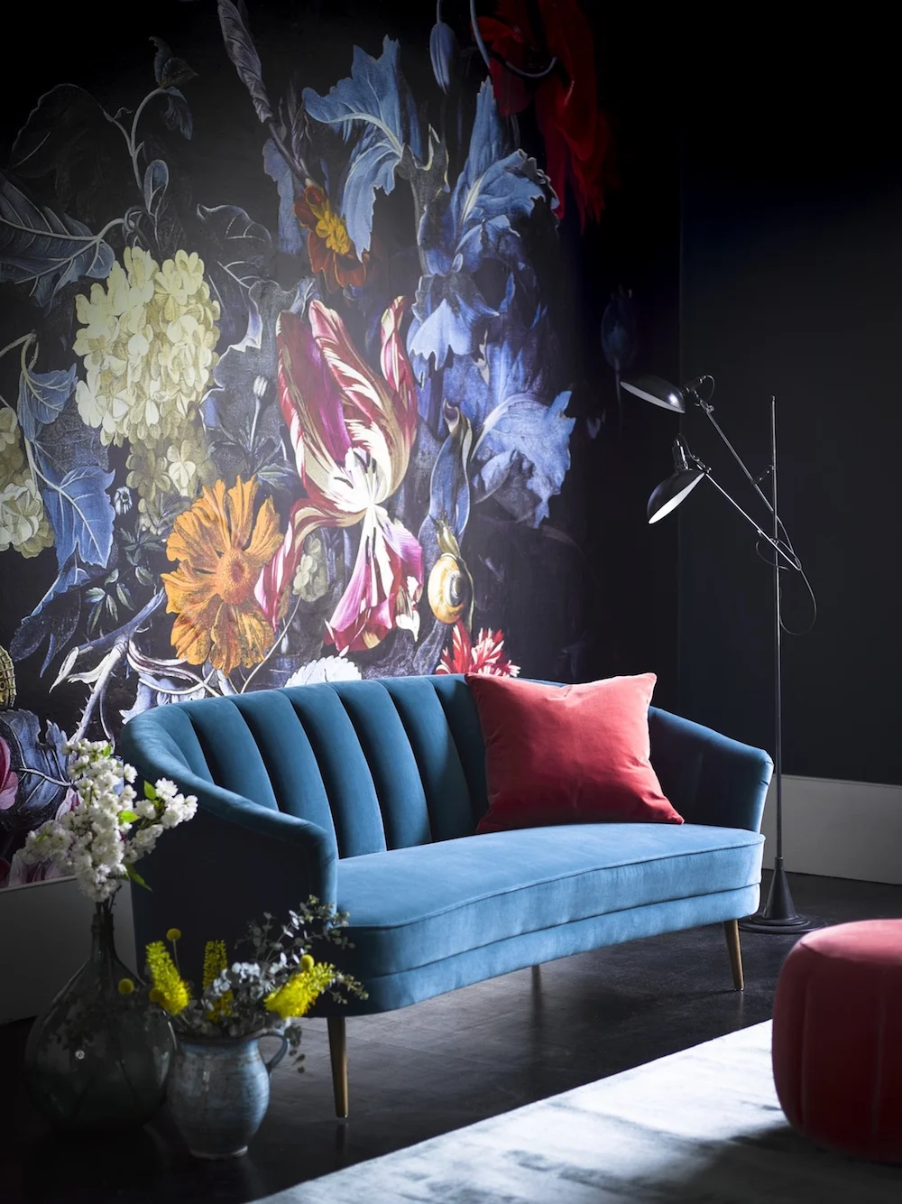 Harper two and a half seat sofa in Deep Turquoise pure cotton matt velvet, £1,500; Harper footstool in Dusty Rose pure cotton matt velvet, £550; House scatter 55 x 55cm cushion in Dusty Rose pure cotton matt velvet, £65; and Lowry large rug in Petrol, £700