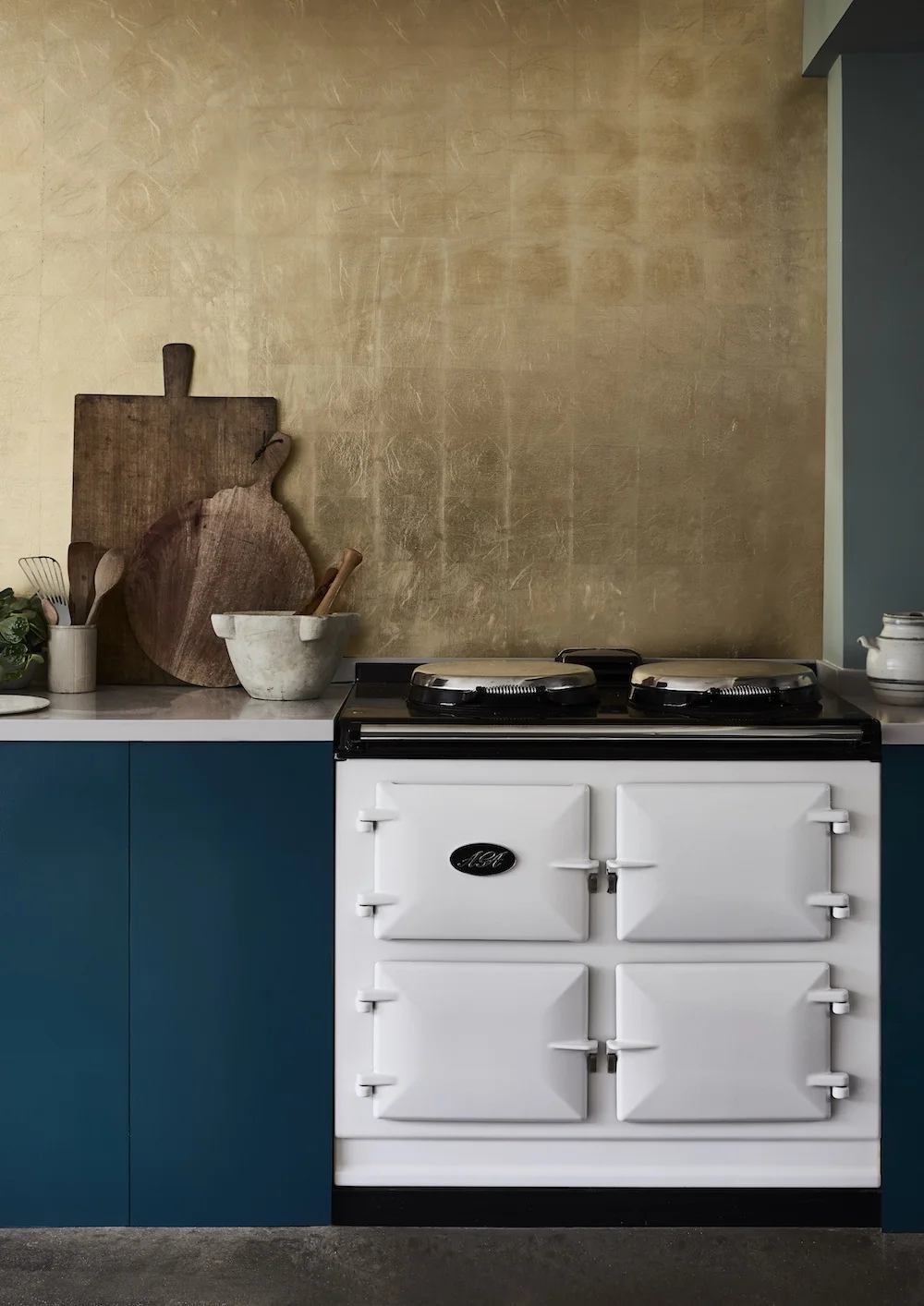 Chalk Paint in Aubusson Blue with Brass Leaf gilding on splashback.