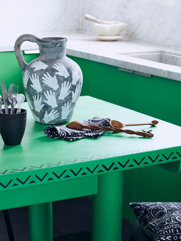 Annie Sloan Kitchen Chalk Paint in Antibes Green with Valeska stencil Hands stencil on jug fabric in Tacit Lifestyle Portrait.jpg
