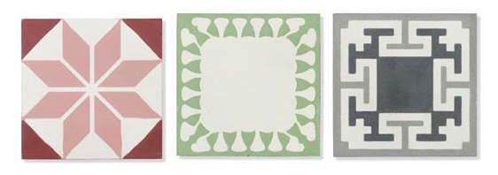 A selection of tiles from the Bert & May Organics range, left to right: 1) Stem, old iron 2) Leaf, cherry 3) Sprouts, green. All from £150 per square metre