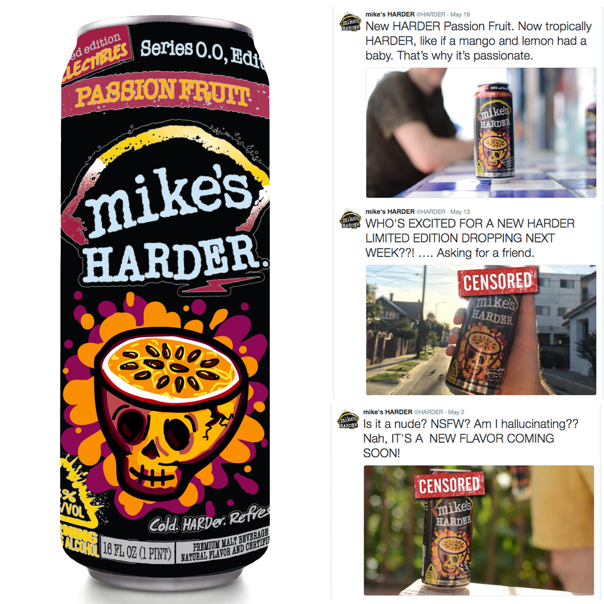 Mock up of the can on the right, the twitter feed from Mike's showing the teaser and launch of the new flavor. 