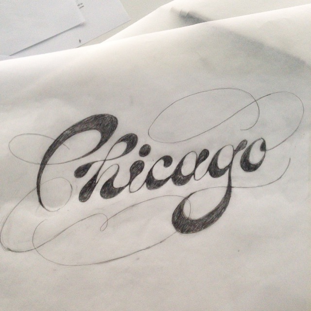 A work in progress sketch showing a Spencerian/Italian hand inspired script—the stress is not in the traditional spots of each letter. It has a blobby look.