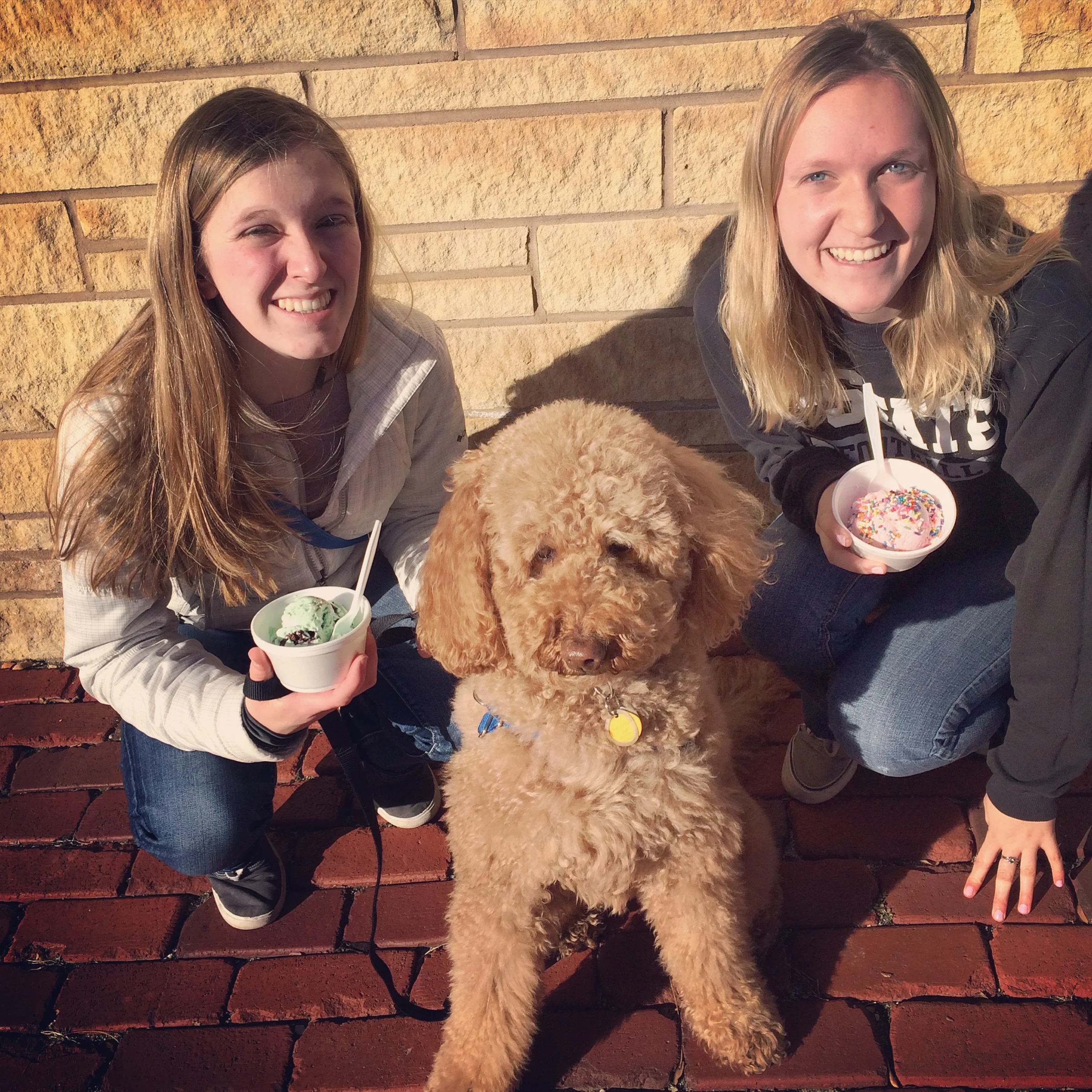 A picture from our visit with Megan. Megan and Sarah are enjoying some ice cream and Chessie was excited to meet EVERYONE!