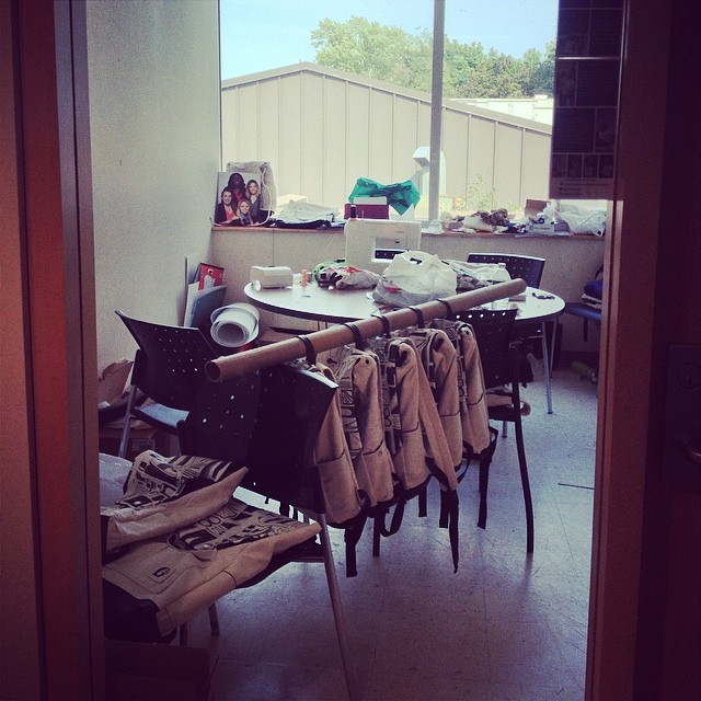 The #givwayandco office/workshop/storage room/manufacturing facilities/lunch room! Busy finishing up our first round of #backpacks!