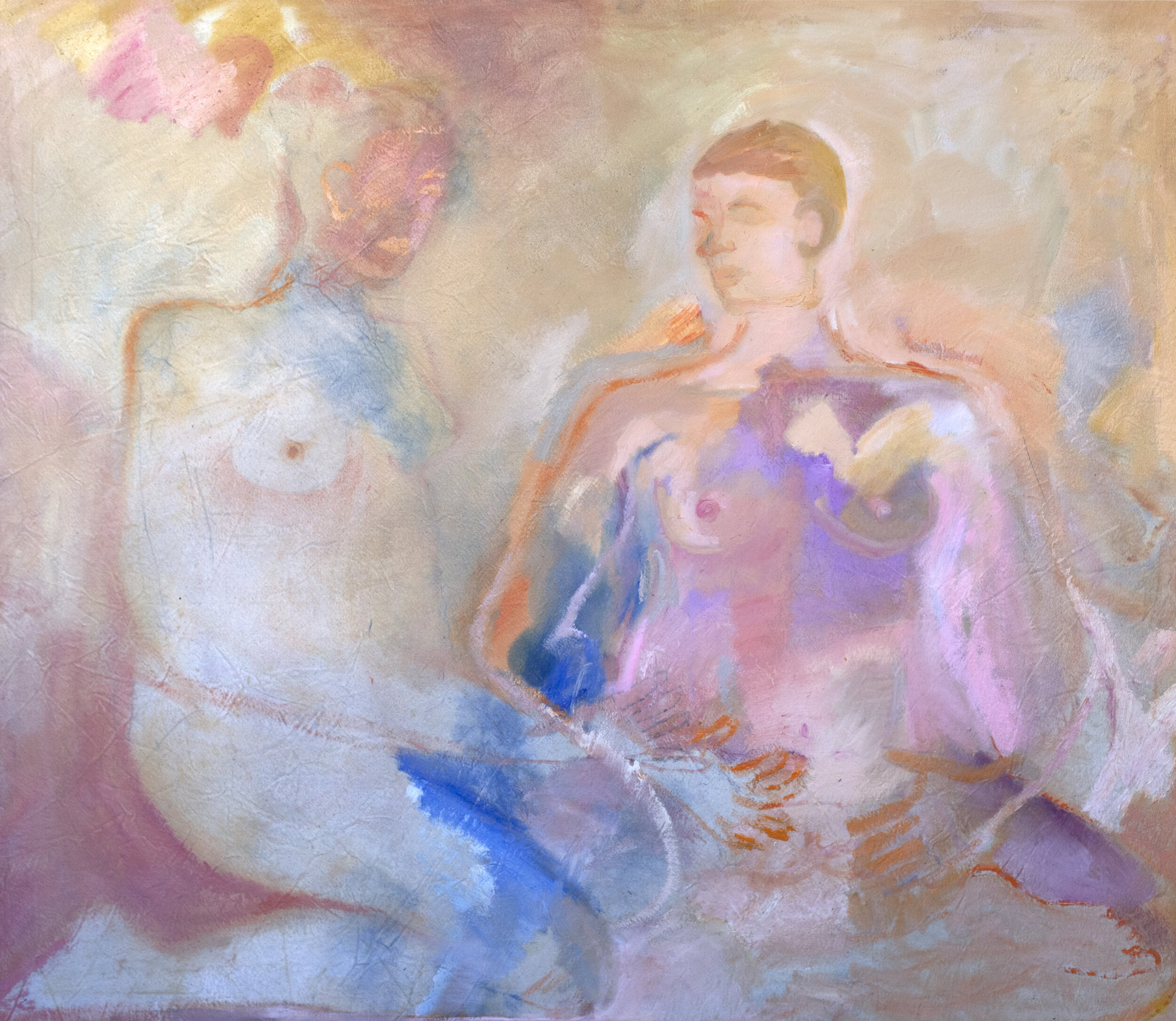 A Well Traveled Painting of At Least Two Figures