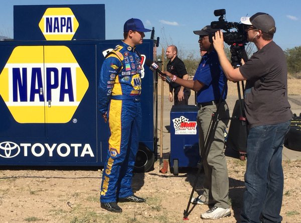 KNWest pts leader Todd Gilliland is interviewed by David Kelly TNN at Tucson Speedway.jpg