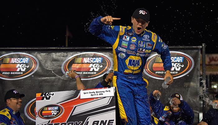 Todd Gilliland celebrates his NASCAR K&N Pro Series West victory Saturday night at Kern County Raceway Park. Jonathan Moore/NASCAR via Getty Images