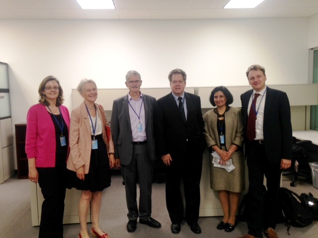 Left to right: Antonia Kirkland (Equality Now), Yvonne Terlington (1 for 7 Billion), Mogens Lykketoft, Bill Pace (1 for 7 Billion), Bani Dougal (Bahai International Community), Volker Lehmann (1 for 7 Billion)