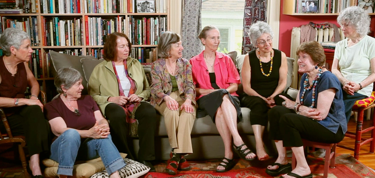INTERVIEWEES, from left to right: Miriam Hawley, Jane Pincus, Joan Ditzion, Paula Doress-Worters, Wendy Sanford, Judy Norsigian, Vilunya Diskin, Pam Berger.