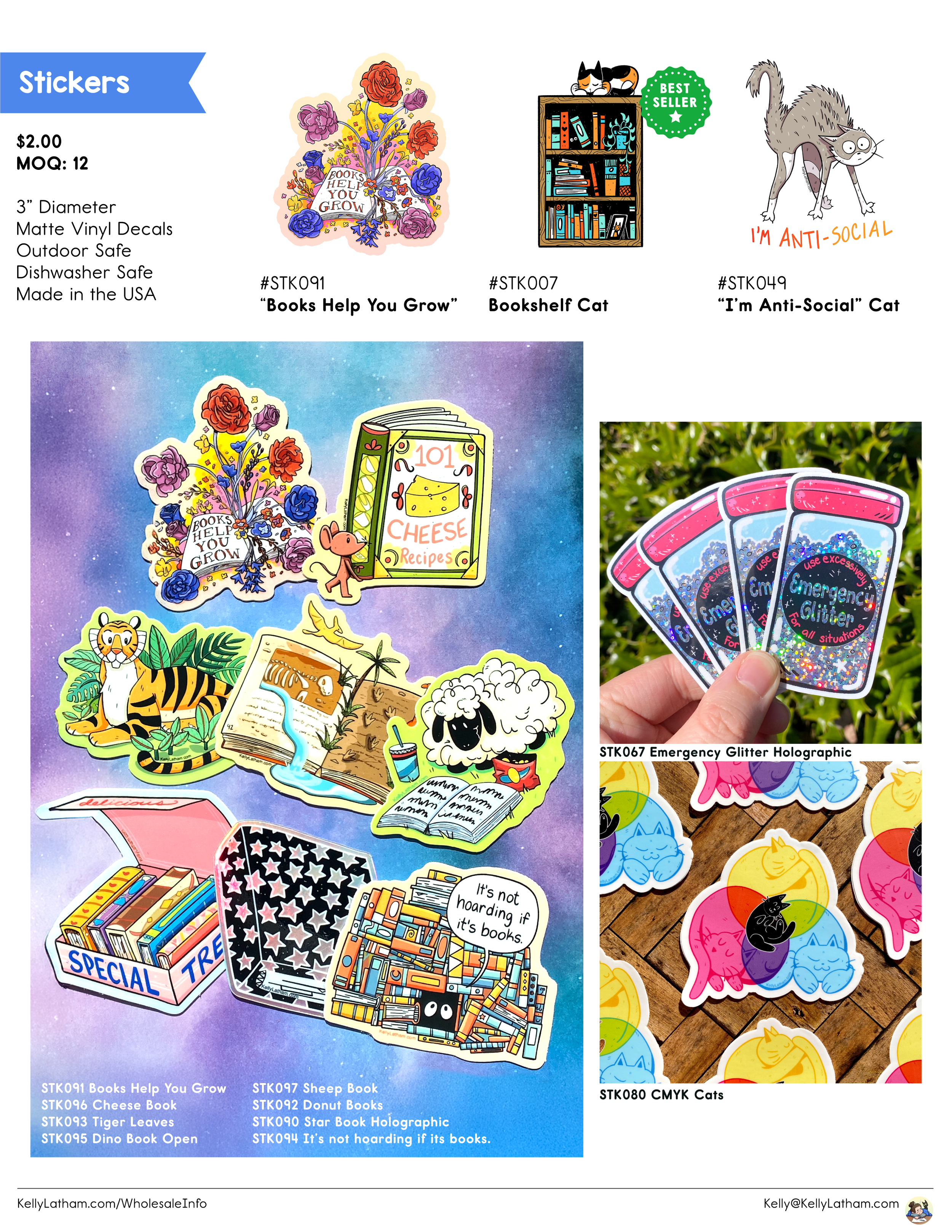 A sheet of colorful stickers featuring books, animals, and humorous phrases, along with holographic glitter stickers and mountain of books stickers.