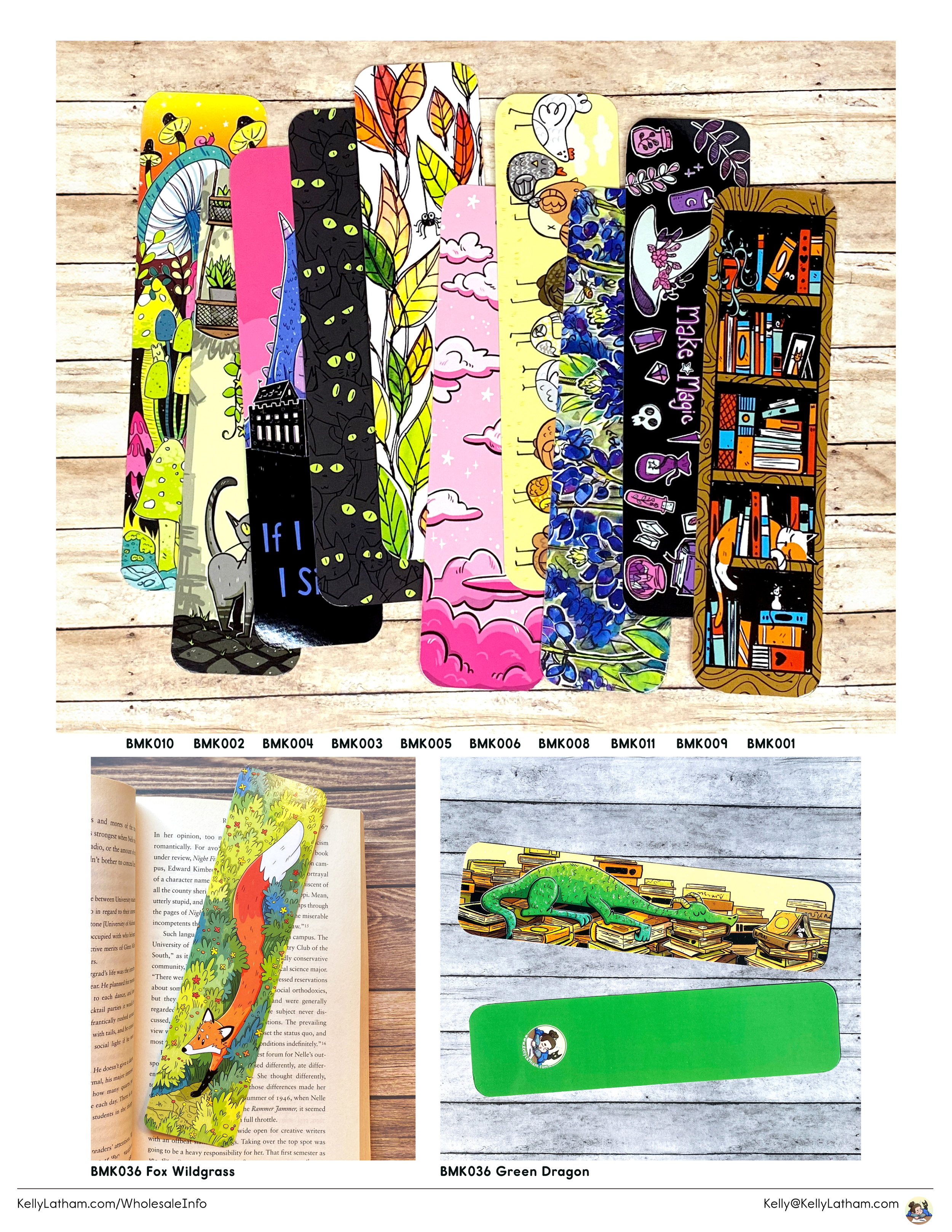 Collection of colorful bookmarks with diverse designs, including animals, bookshelves, fantasy themes, and illustrations, displayed on wooden and paper backgrounds.