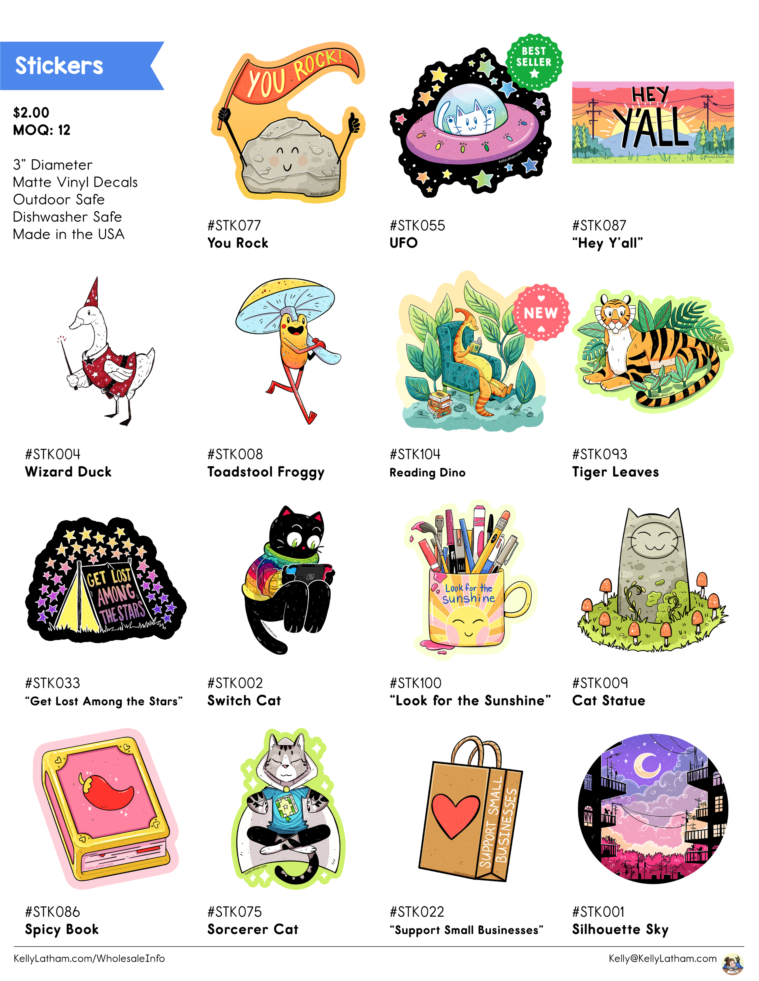 Collection of colorful outdoor stickers featuring various designs and phrases, including a rock with a flag, UFO, 'Hey Y'all' banner, wizard duck, toadstool froggy, reading dinosaur, tiger leaves, starry night, black cat with case, cheerful mug, cat 