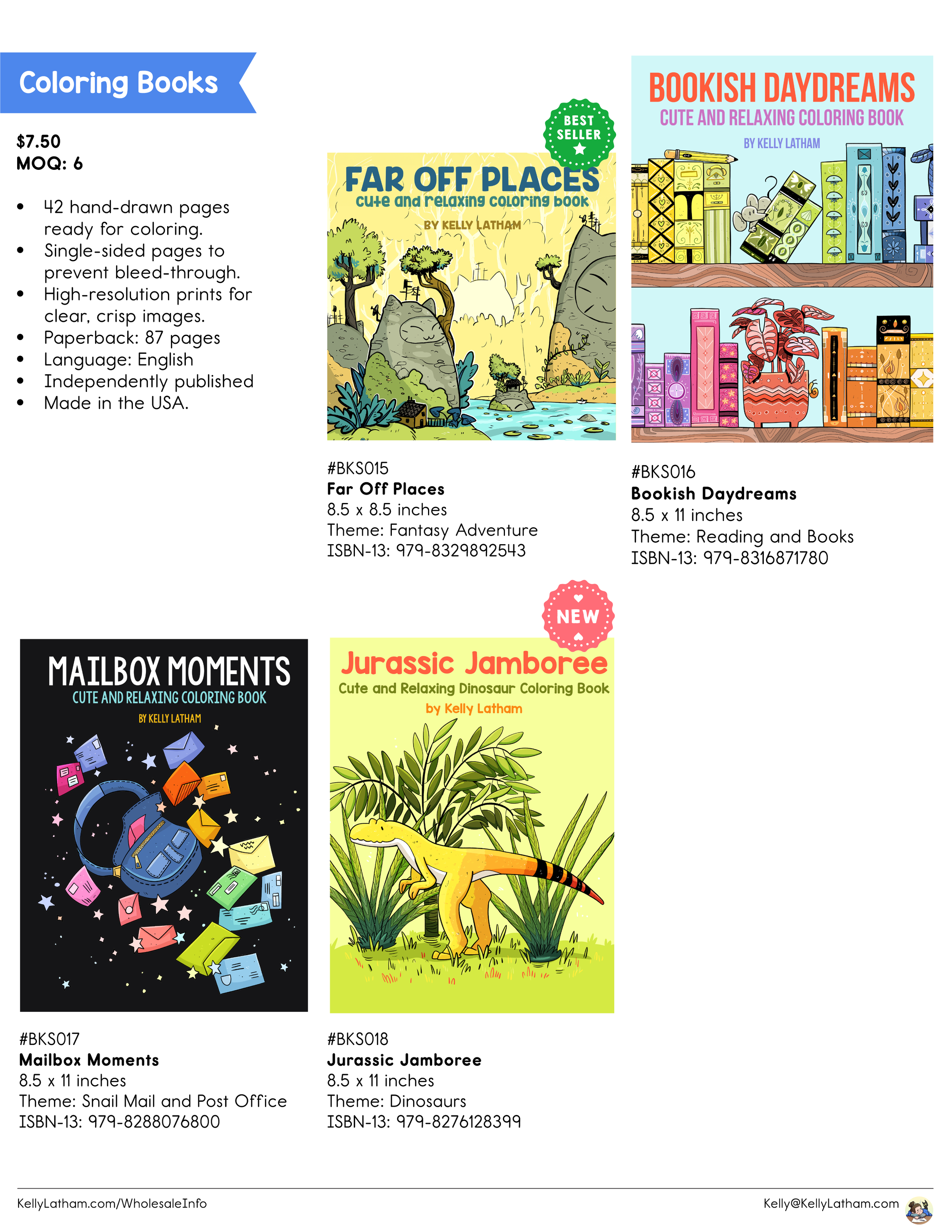 Catalog page featuring matching coloring books with titles: 'Far Off Places,' 'Bookish Daydreams,' 'Mailbox Moments,' and 'Jurassic Jamboree,' each with colorful illustrated covers and details about size, theme, and ISBN.