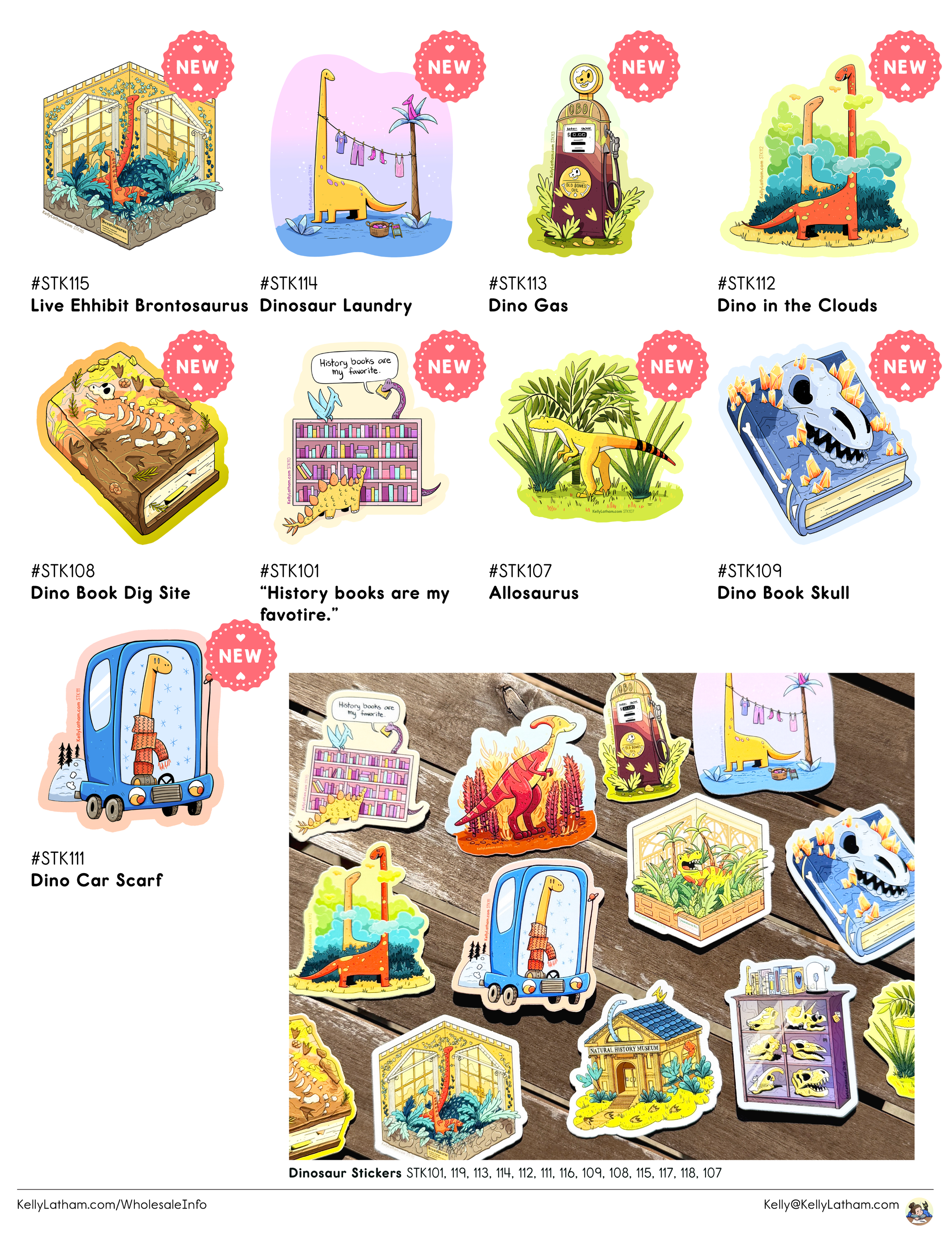 Collection of dinosaur-themed stickers including dinosaurs, books, fossils, and related objects.