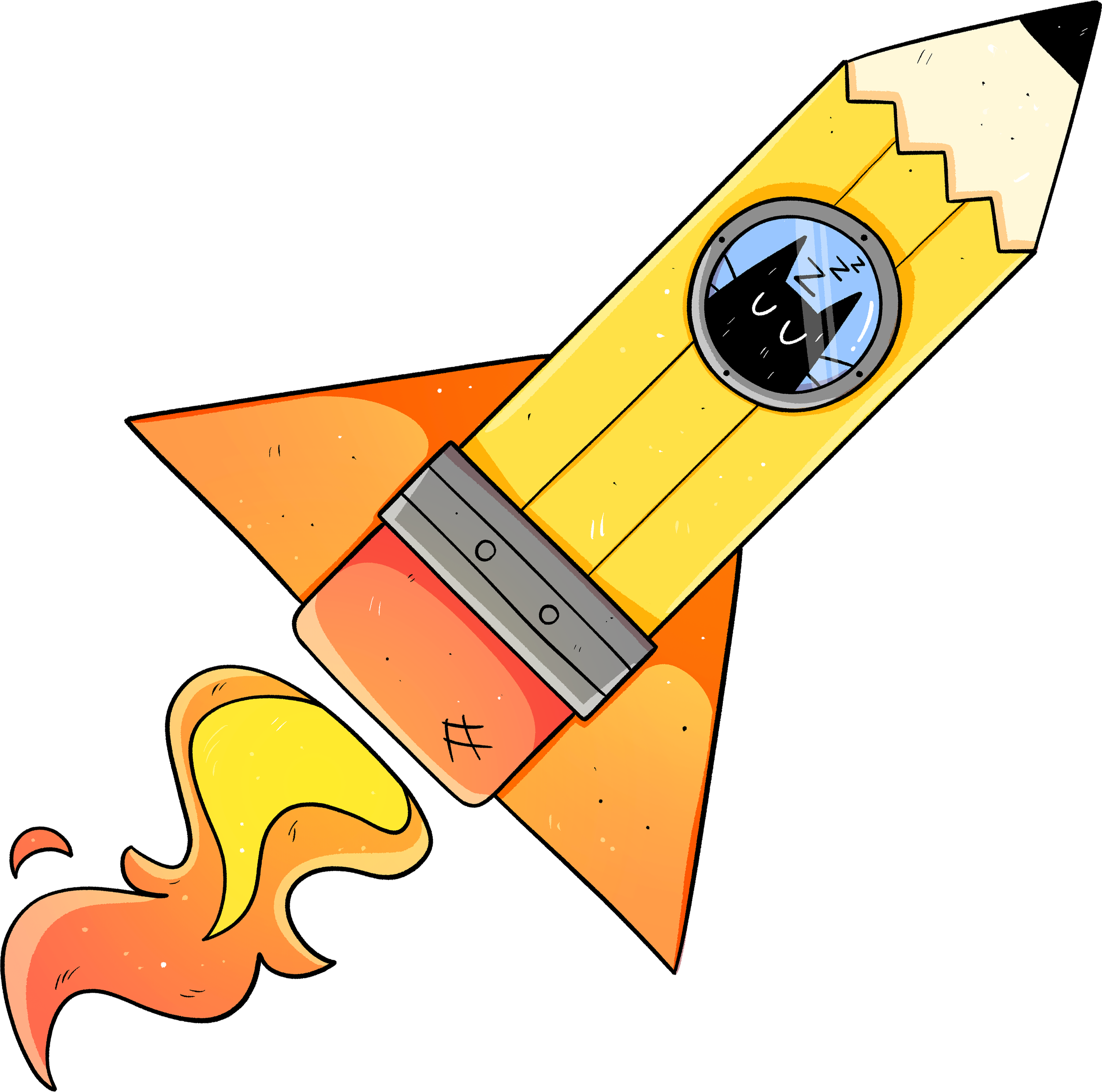 Cartoon rocket ship with a cat face on a porthole window, flames coming out from the bottom, set against a black background.