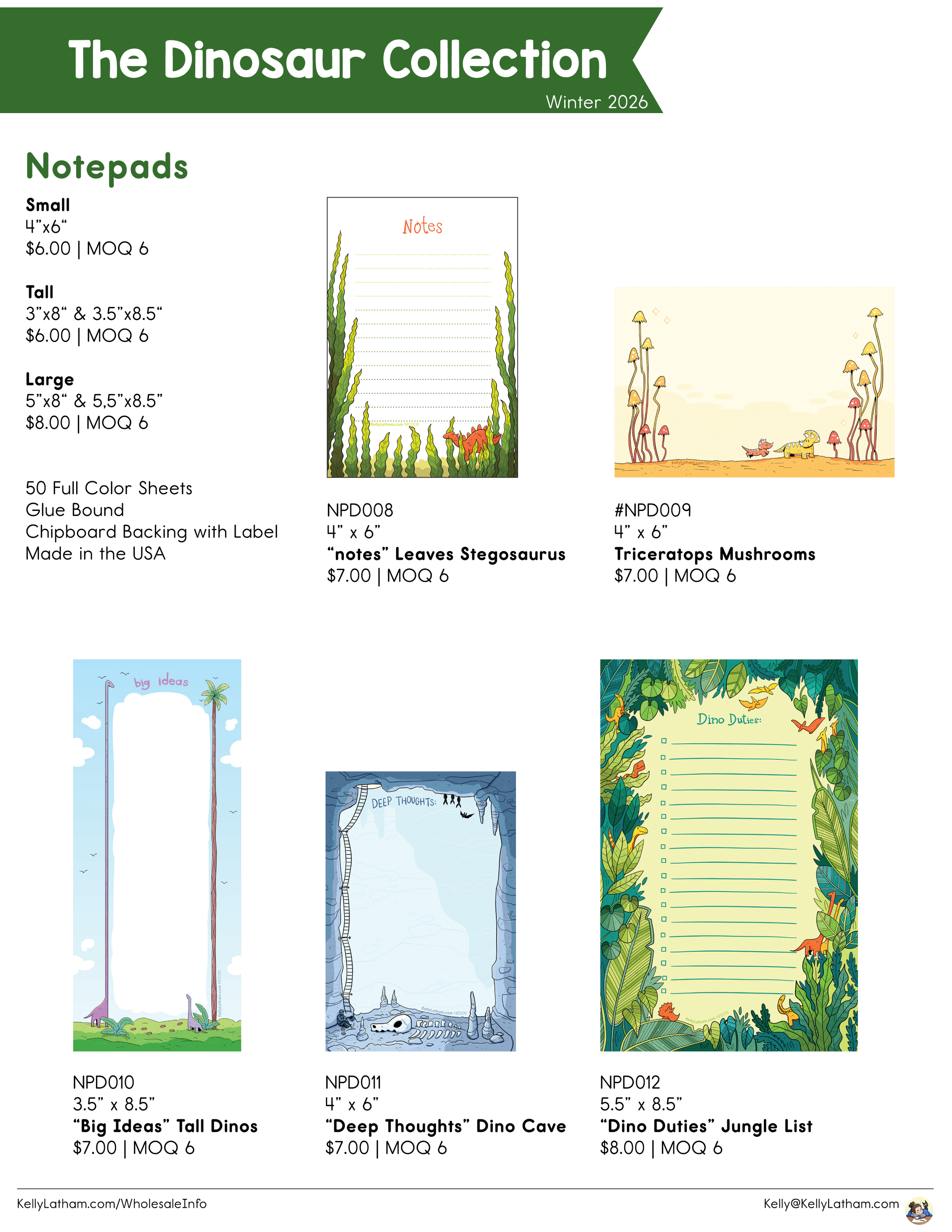 Catalog page titled "The Dinosaur Collection Winter 2026" displaying various notepads with dinosaur-themed designs and their prices.