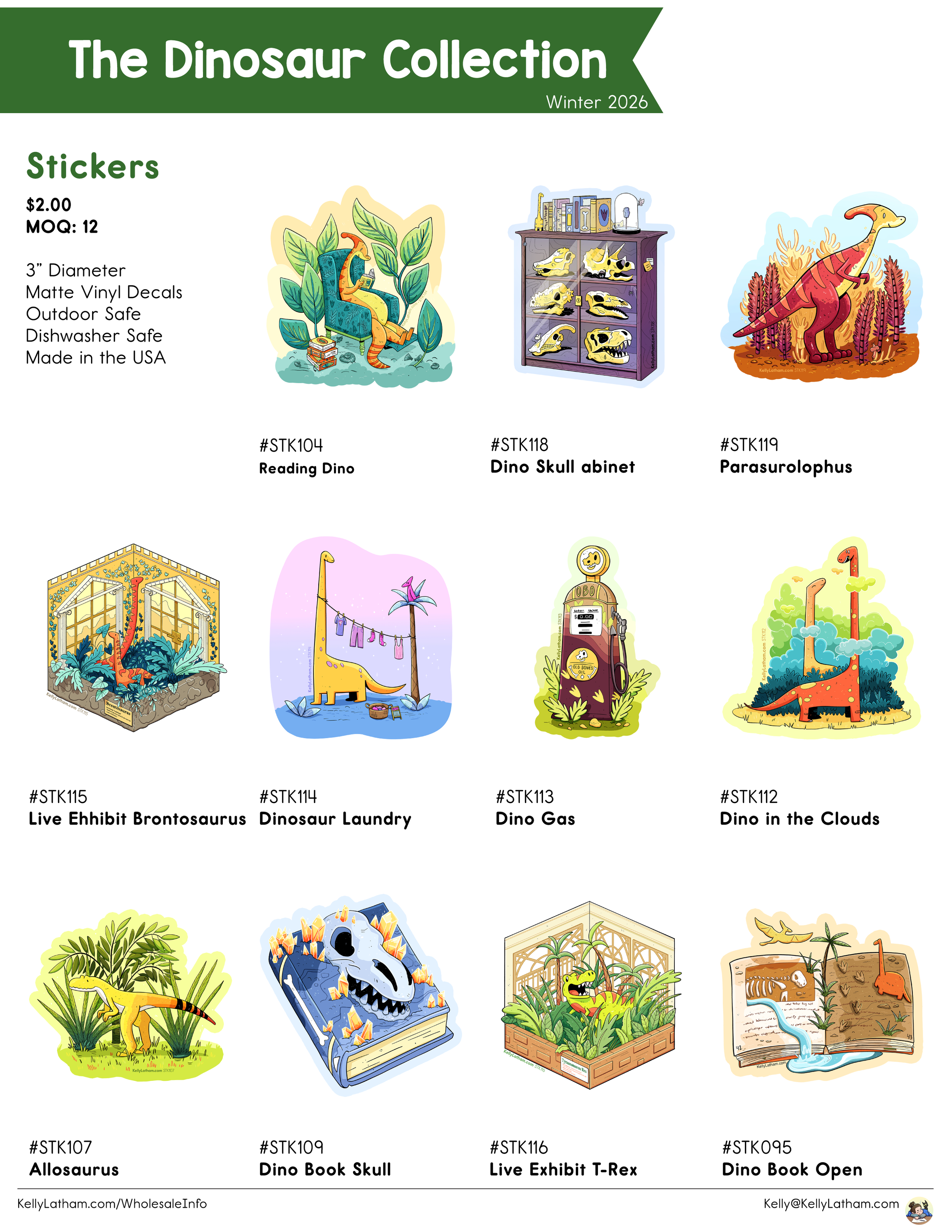 Image showing various dinosaur stickers for sale, including a reading dinosaur, dinosaur skull cabinet, Parasaurolophus, live exhibit Brontosaurus, dinosaur laundry, dinosaur gas, dinosaur in the clouds, allosaurus, dinosaur book skull, live exhibit 