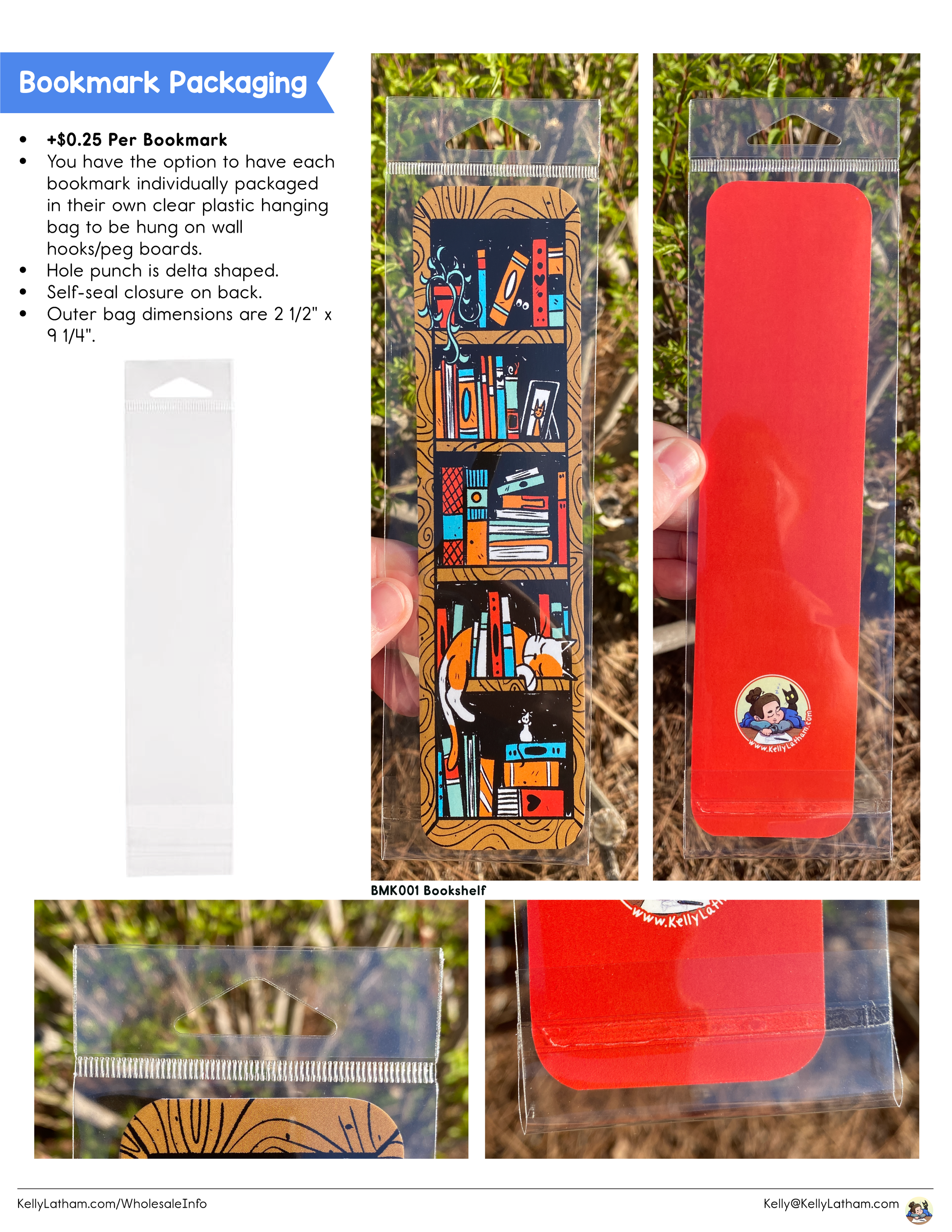 Display of bookmark packaging with an individual clear plastic bag for hanging, showing a bookshelf bookmark illustration on the left and a plain red bookmark with a sticker on the right, both in transparent bags with a cut hole at the top for hangin