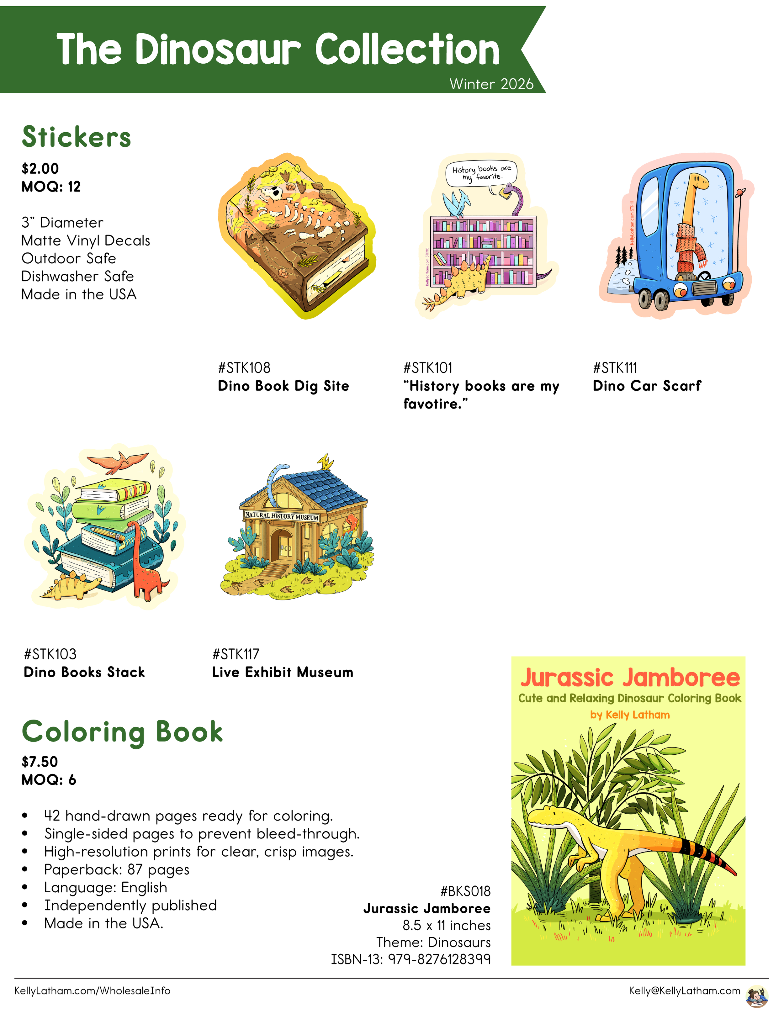 A collection of dinosaur-themed stickers and a coloring book. The stickers include a dig site, a bookshelf with a dinosaur saying 'History books are my favorite,' a dinosaur car scarf, a dino books stack, and a live exhibit museum. The coloring book 
